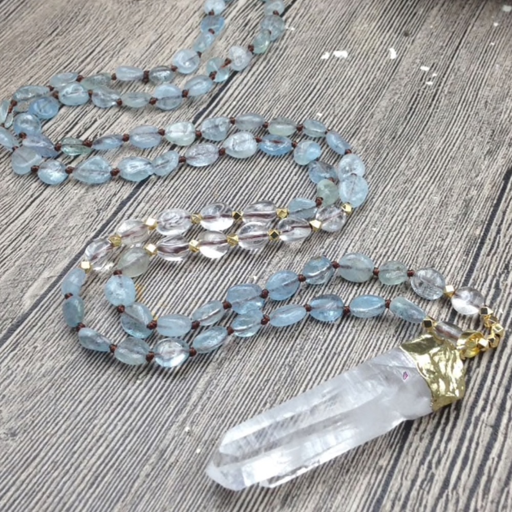 aquamarine and quartz gold or silver necklace - Picture 3 of 9